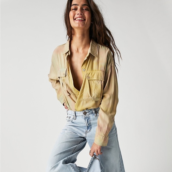 Free People Yellow Ombre Button-Up Top - Picture 1 of 6